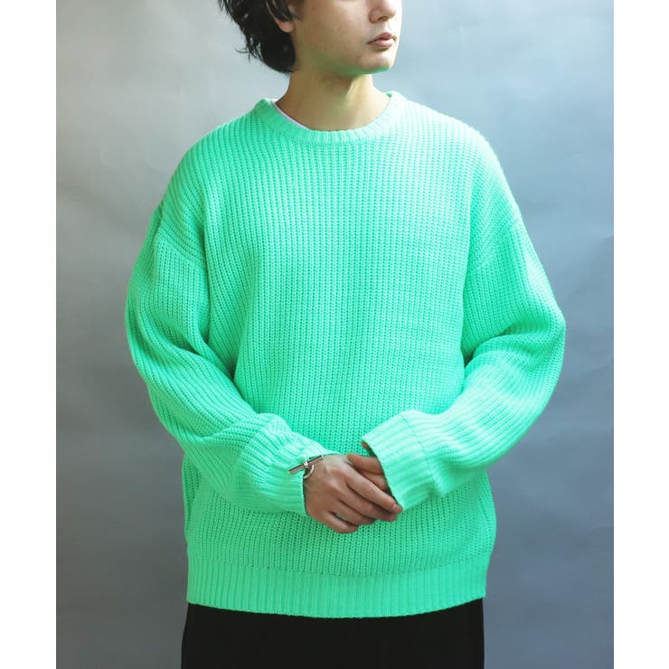 ニットセーター メンズ セーター クルーネック 畦編み 蛍光 [品番