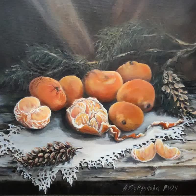 ウクライナ みかんと松ぼっくり静物画オリジナル絵画古い技法アート