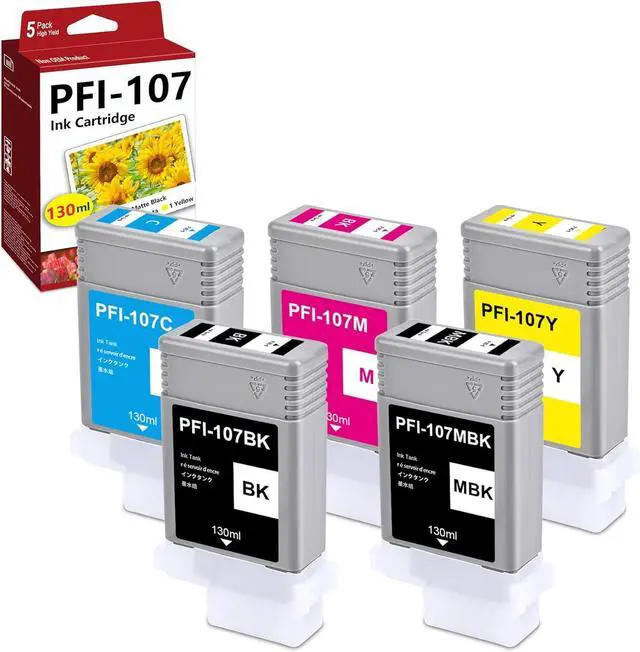 PFI-107 PFI107 Ink Cartridge Full Set 5/Packs Matte Black, Black
