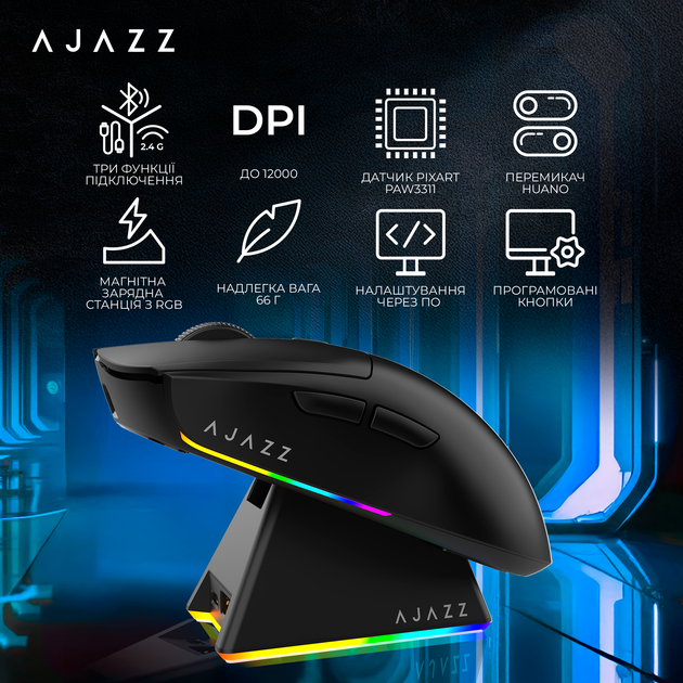 Мышь Ajazz AJ139 V2 MC Wireless/Bluetooth/USB Black (AJ139-V2-MC-B