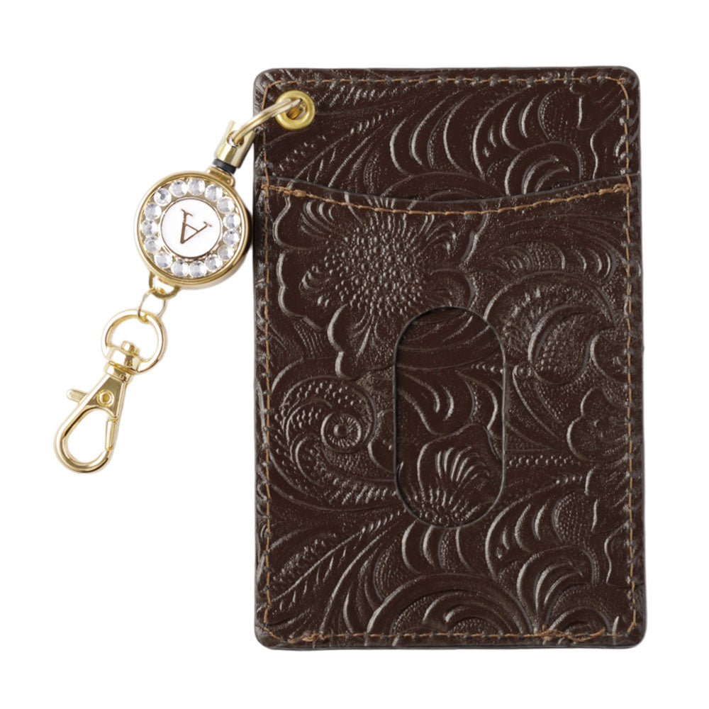 エンボスレザー 本革 花柄 イニシャルデコ リール付きパスケース