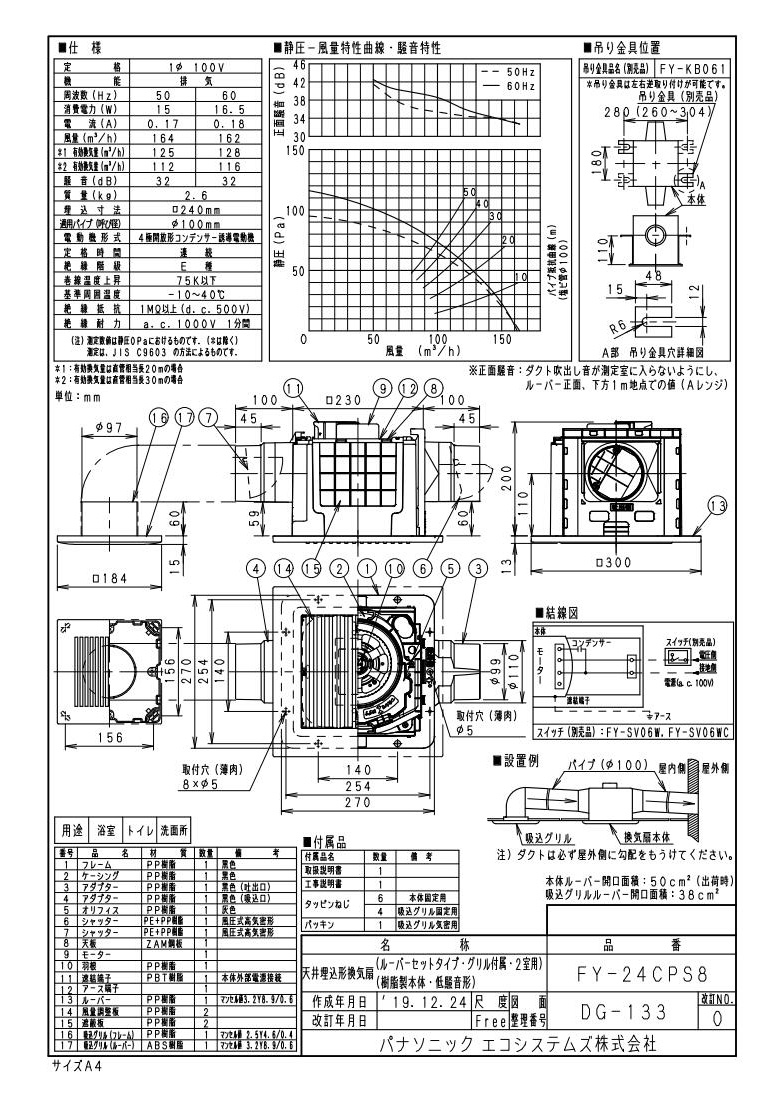 FY-24CPS8 | 換気扇 | パナソニック Panasonic 天井埋込形換気扇2室