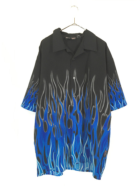 古着 Sapphire Lounge ブルー ファイヤー パターン 半袖 開襟 ボックス