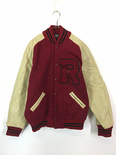 古着 70s Nelson's 「R」 レタード 本革 レザー袖 メルトン ウール