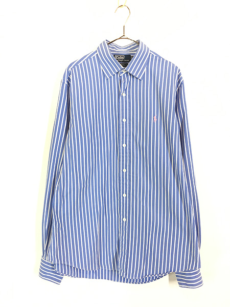 古着 Polo Ralph Lauren 「CURHAM」 白×水色 ストライプ シャツ 16 1/2