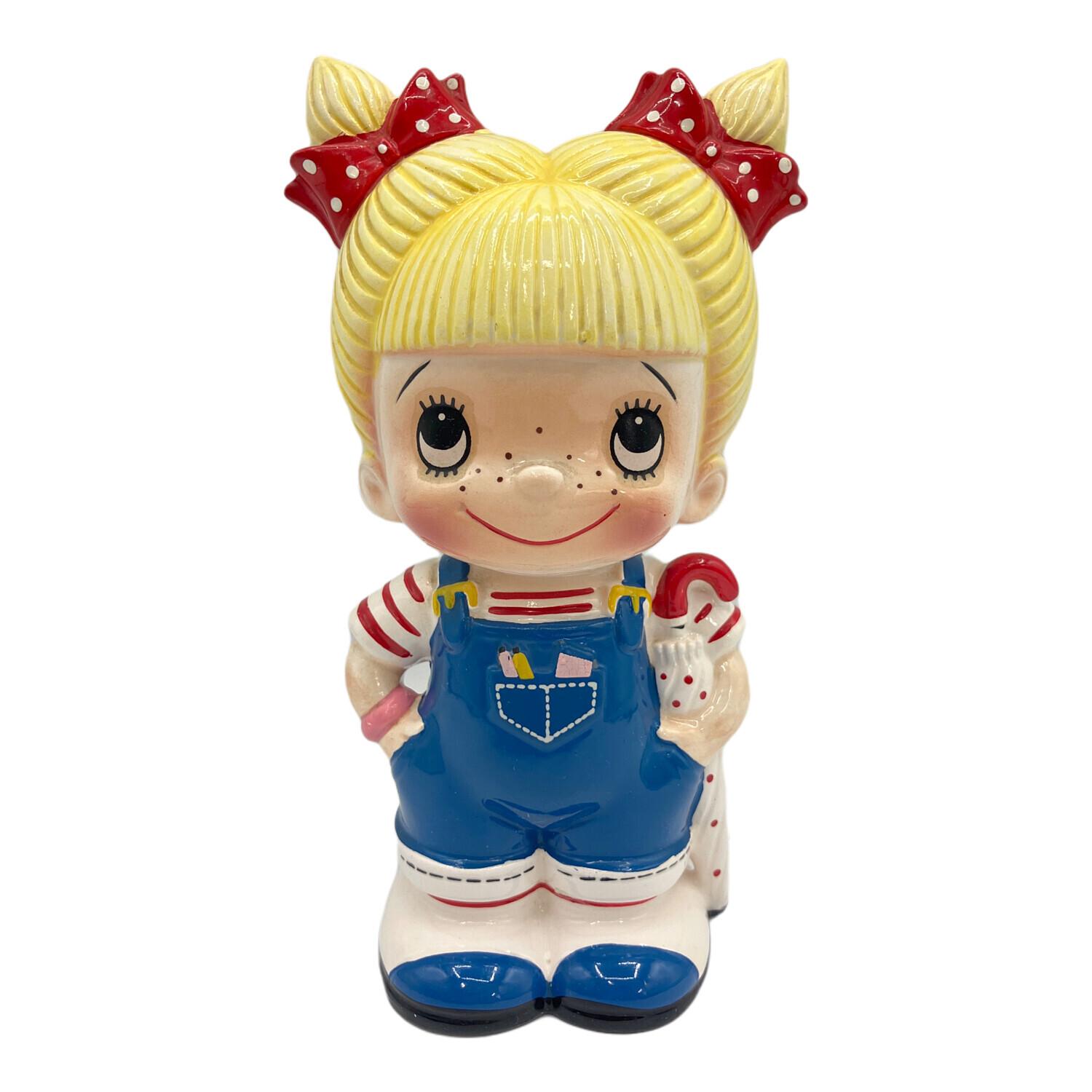 内藤ルネ 女の子 赤リボン 貯金箱 陶器製 フィギュリン 昭和レトロ