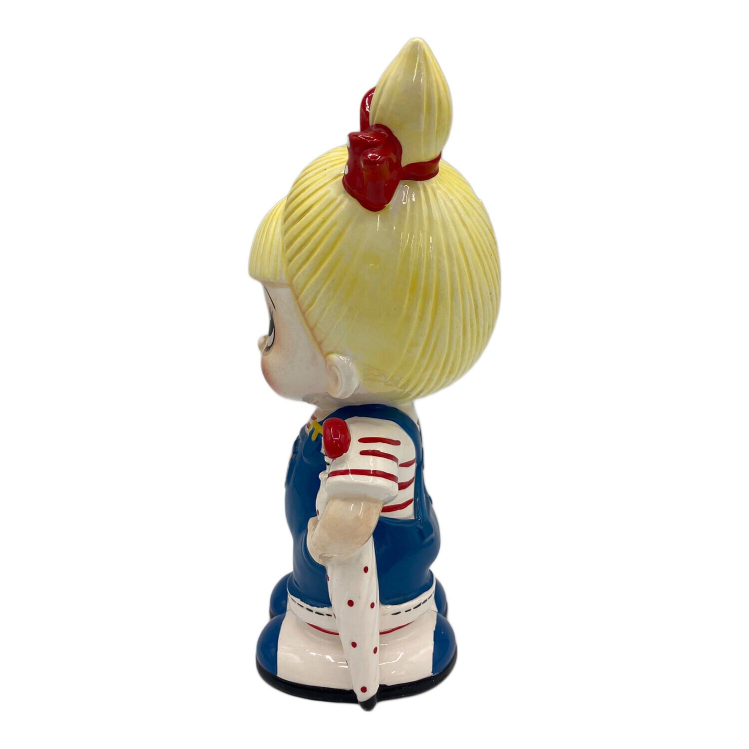 内藤ルネ 女の子 赤リボン 貯金箱 陶器製 フィギュリン 昭和レトロ
