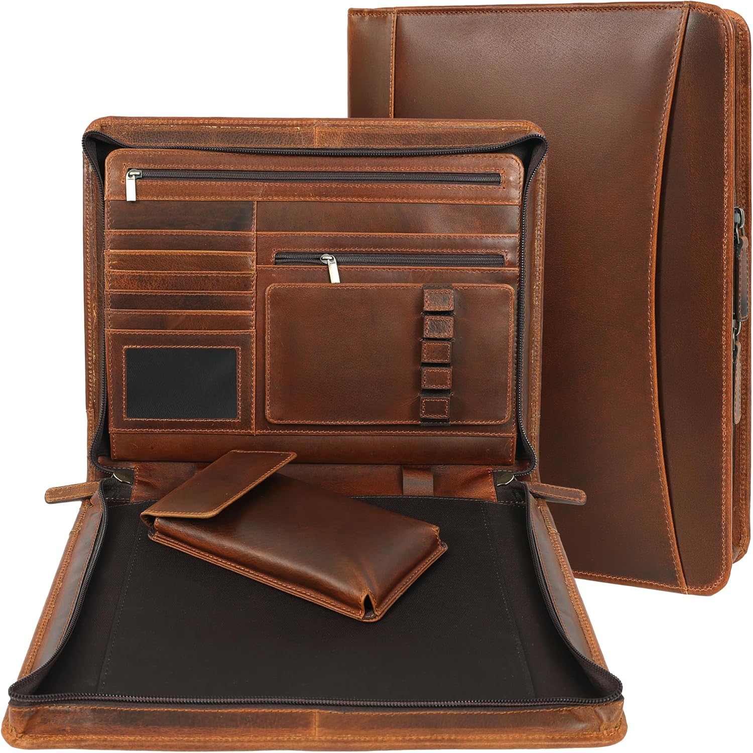 Premium Leather Portfolio Organizer (Antique, Letter Zippered)