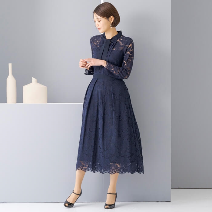 WEB限定｜ボウタイレースドレス 9号・ネイビー｜東京ソワール