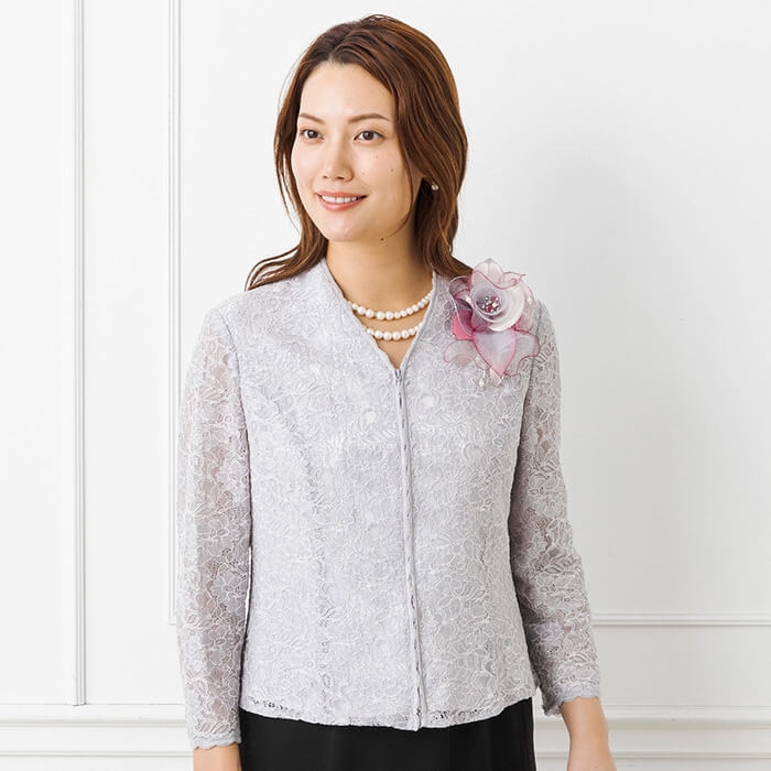 ラメレースのファスナー付きブラウス 9号・ライトグレー｜東京