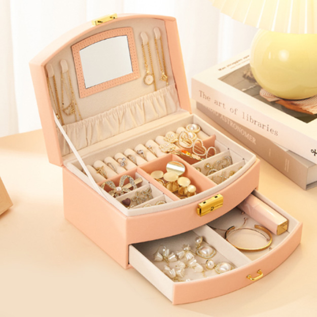 レザー製ジュエリーボックス 鍵付き大容量多層引き出し鏡付き宝石箱