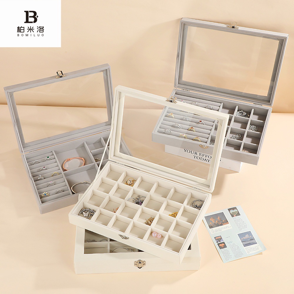 透明蓋付き多段式仕切り収納ジュエリーボックス 布製|ジュエリー