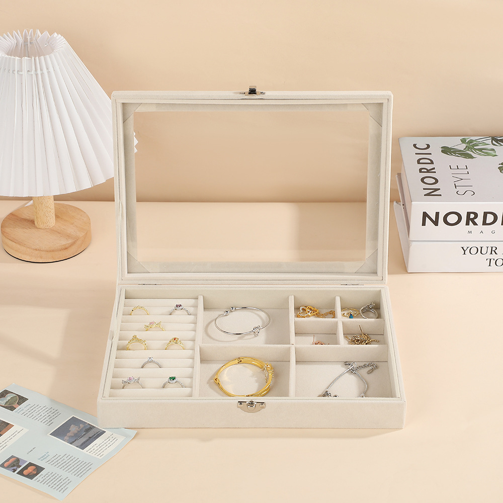 透明蓋付き多段式仕切り収納ジュエリーボックス 布製|ジュエリー