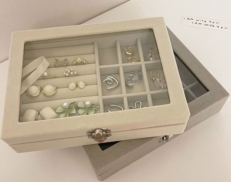ジュエリーボックス 透明窓付き仕切り豊富な布製 布製|ジュエリー