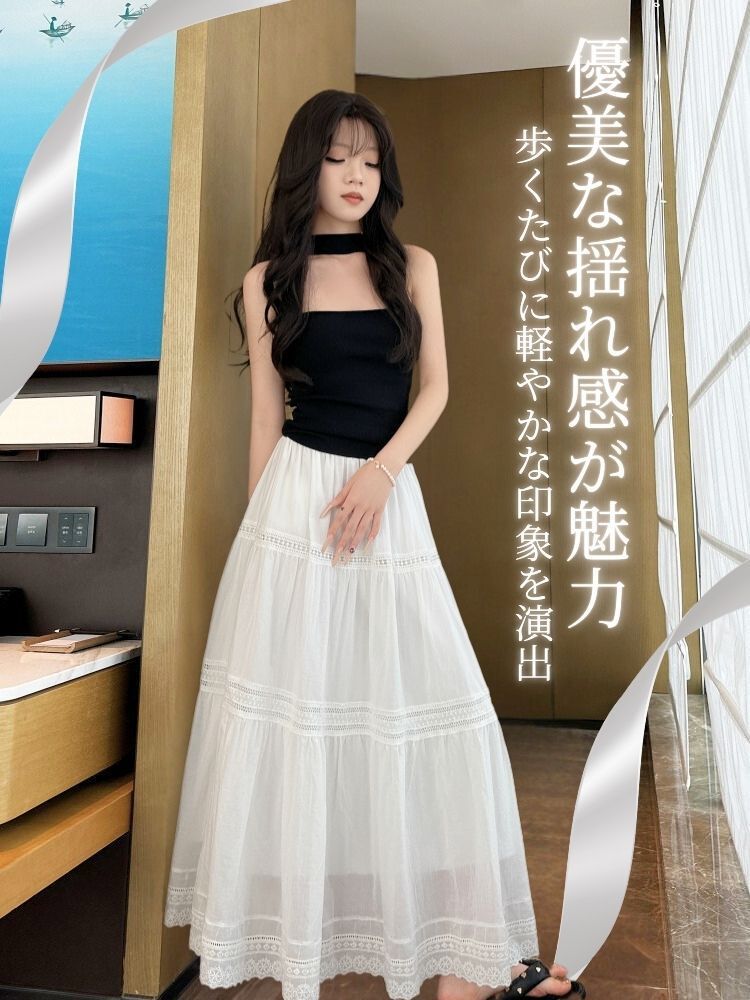白スカート ティアードレース プリーツロング ティアード|白スカート