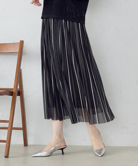 モノトーンストライプ チュール プリーツスカート（12-50FG07-204