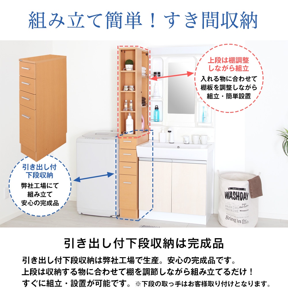 ほんの少しのすき間も収納スペースに変身。キッチンや洗面所