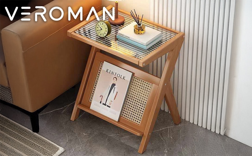 VeroMan ガラスサイドテーブル 木製フレーム ラタン編み マガジン