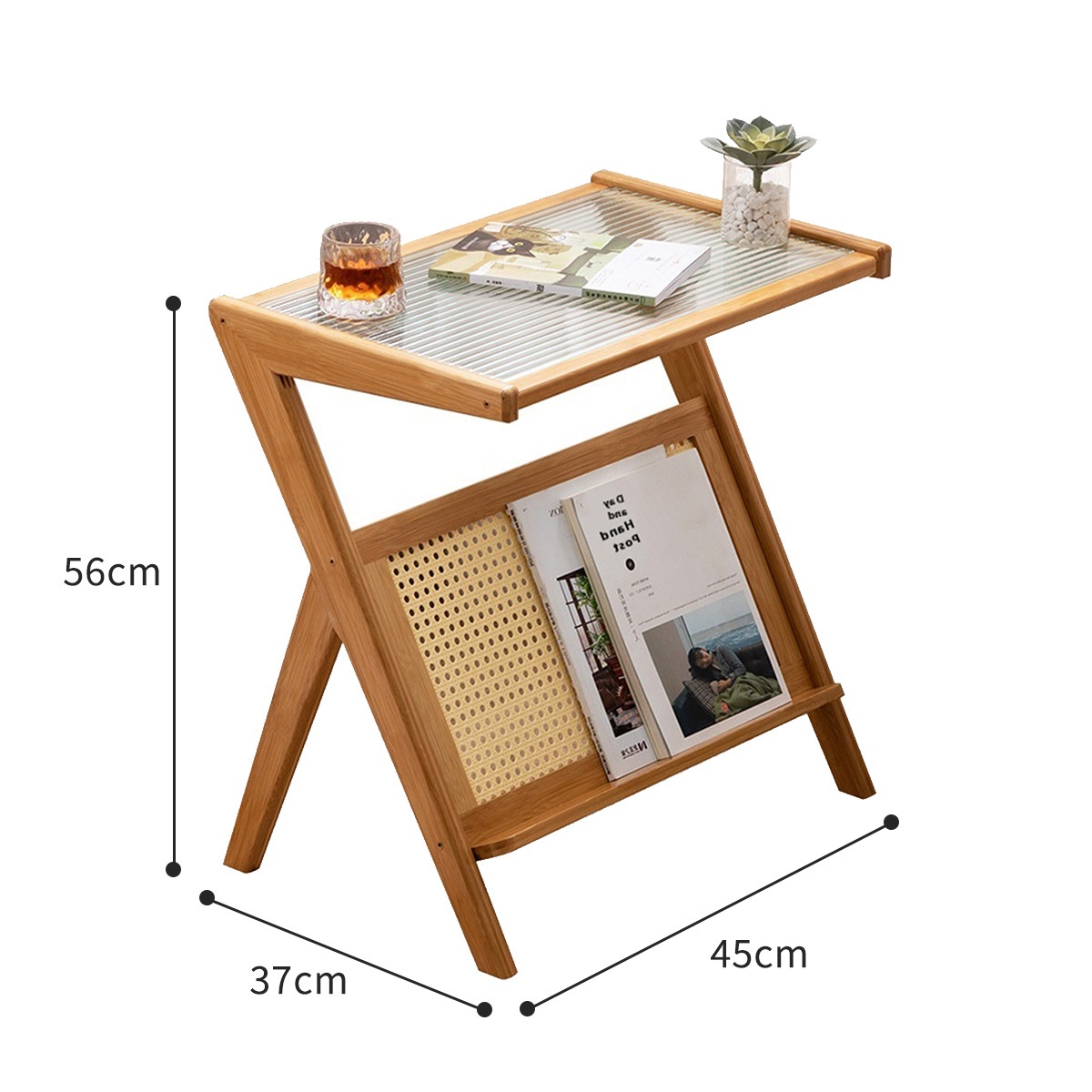 VeroMan ガラスサイドテーブル 木製フレーム ラタン編み マガジン