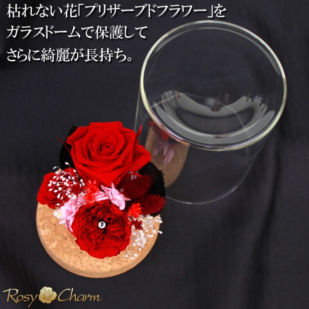 プリザーブドフラワー ガラスドーム【赤いバラ】3輪のバラ｜誕生日