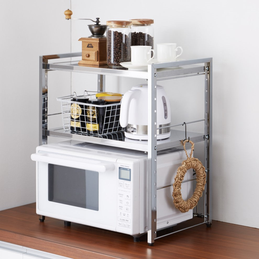 日本製 燕三条 頑丈ステンレス棚 伸縮 レンジ上ラック 2段 幅51～81cm