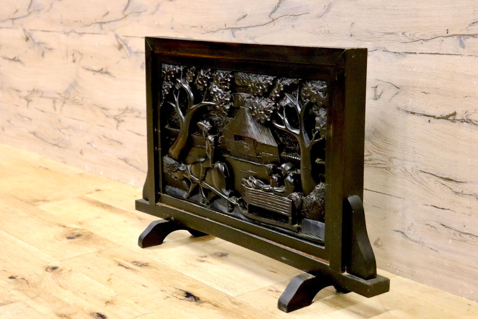 GMHK583○唐木 衝立 ロータイプ パーテーション 和家具 和モダン 彫刻