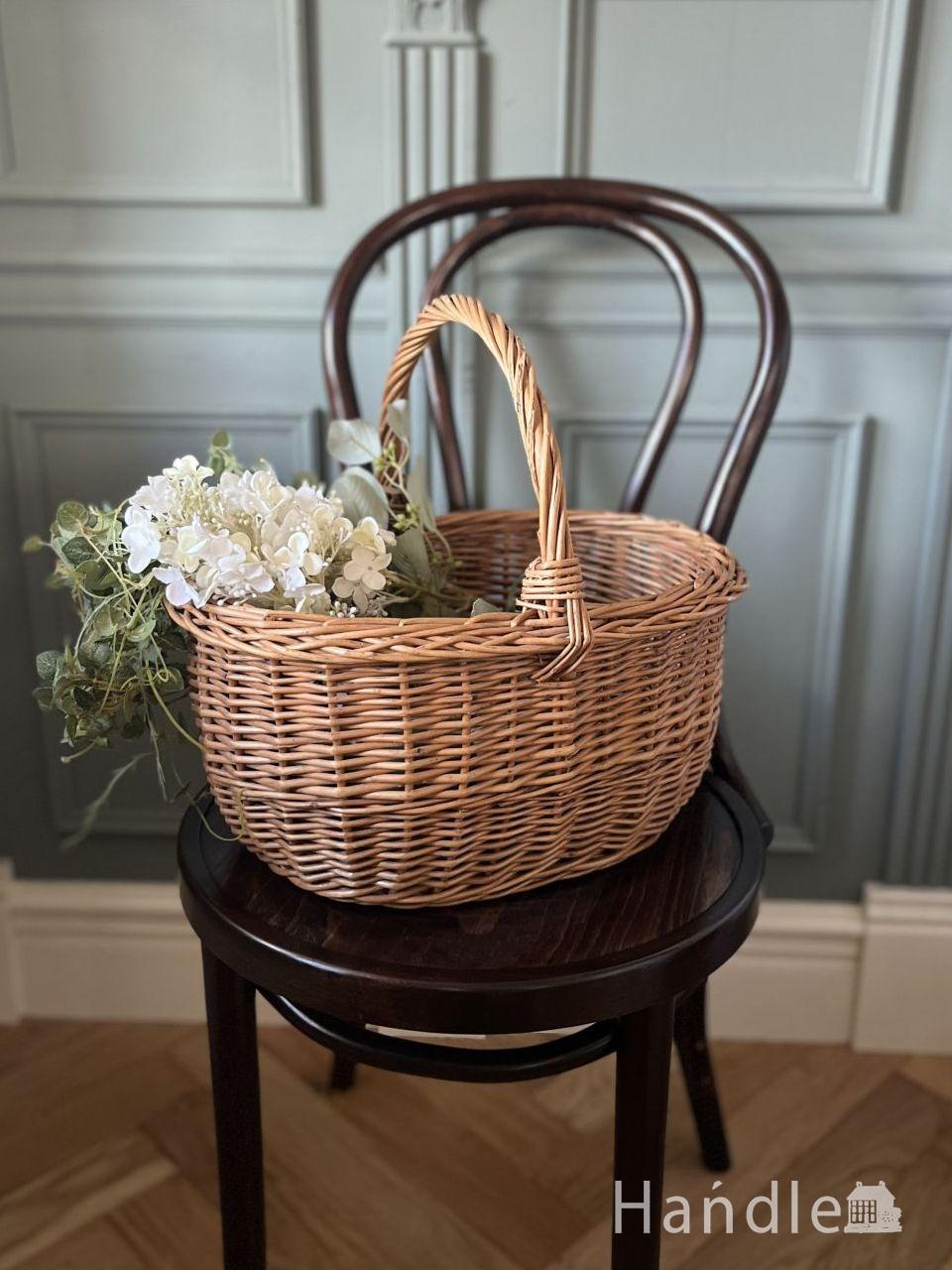 イギリスのアンティークバスケット、手編みで編まれたアンティークかご