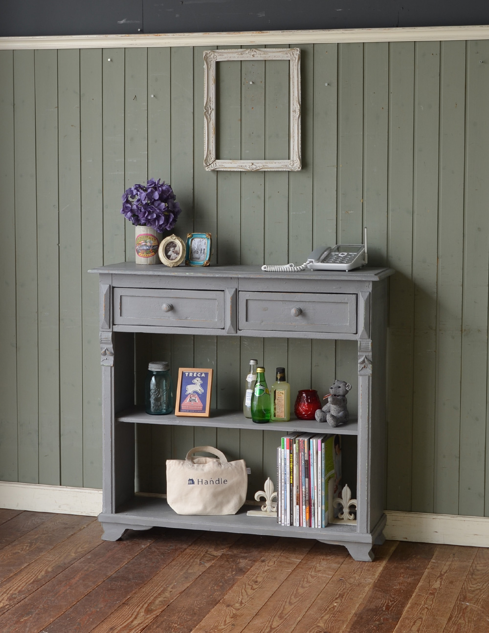 フランスの可愛いアンティーク家具、グレーペイントのキャビネット(d