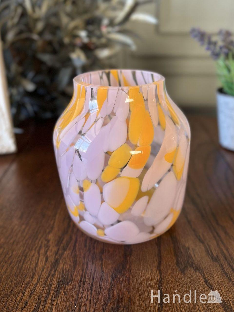 レトロな配色のガラスの花瓶、マーブルガラスのフラワーベース(n22-216