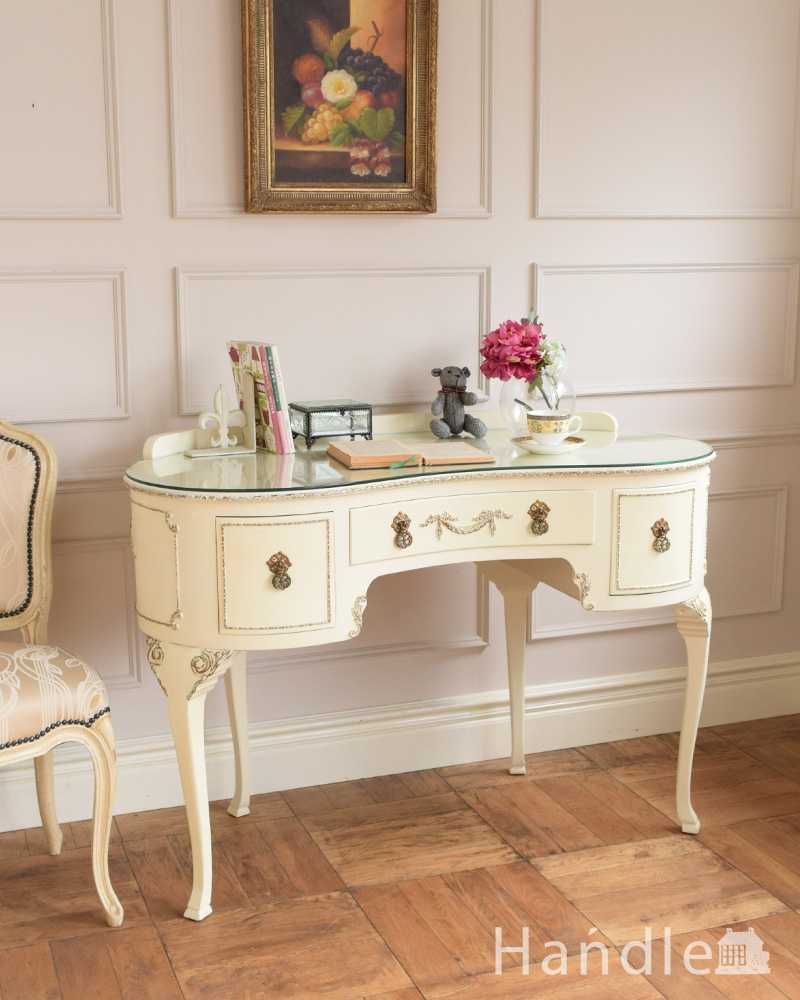 アンティークのフランス家具、ホワイトペイントのデスク（ガラス天板