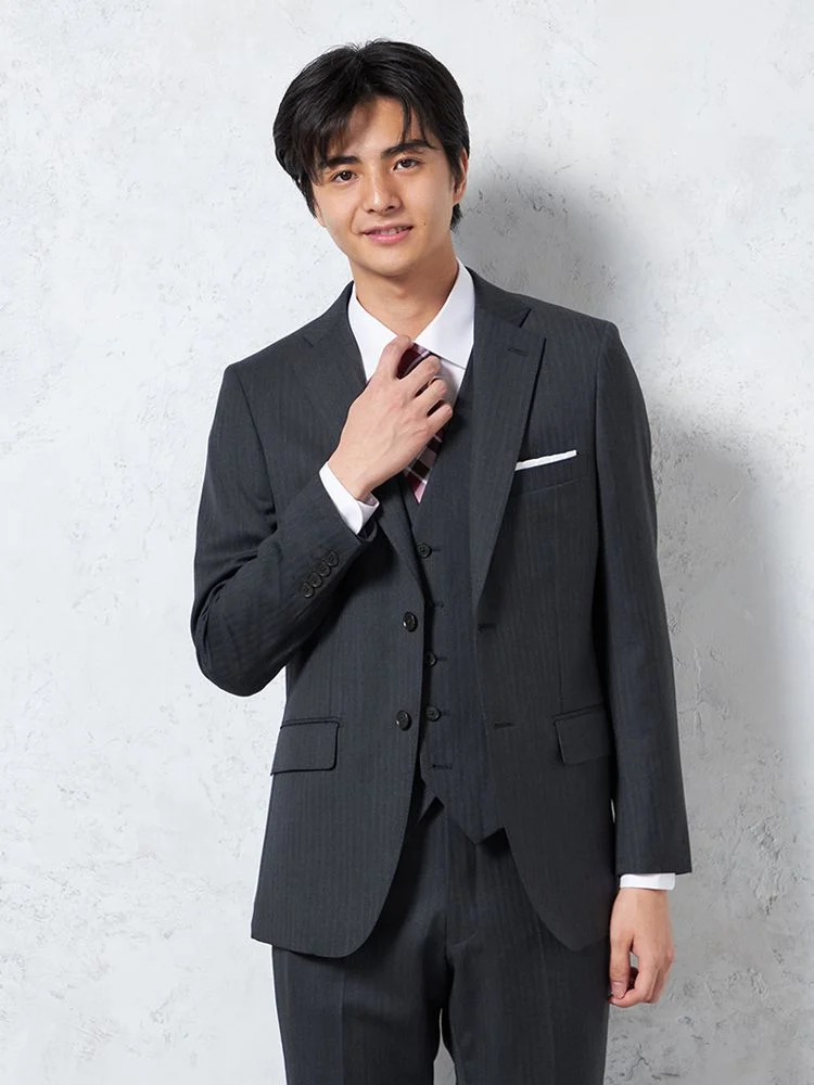 ネイビー 【ウール100％】スリーピーススーツ 2つボタン 背抜き