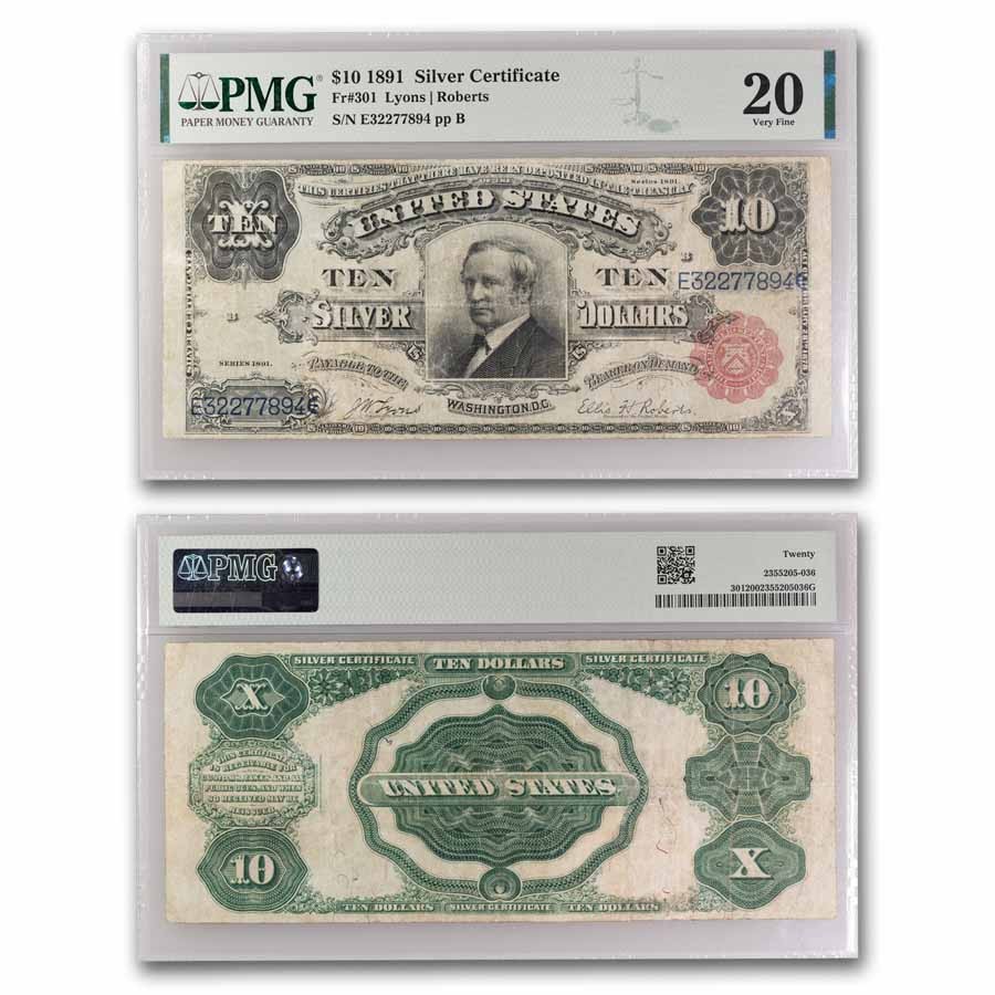 1891 $10 Silver Cert. Hendricks Tombstone VF-20 PMG (Fr#301) | eBay