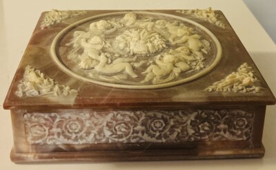 Vintage Incolay Stone Composite Jewelry Box With Tray Cherub