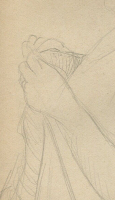 Antique Pencil Drawing Original Woman Portrait Sewing, Working