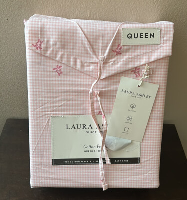 Laura Ashley QUEEN Size Cotton Percale Plaid Sea Turtle Sheet Set