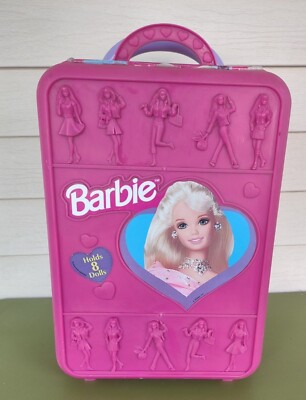 VTG Barbie Take a Long Rolling Suitcase Pink Holds 8 Dolls 1998