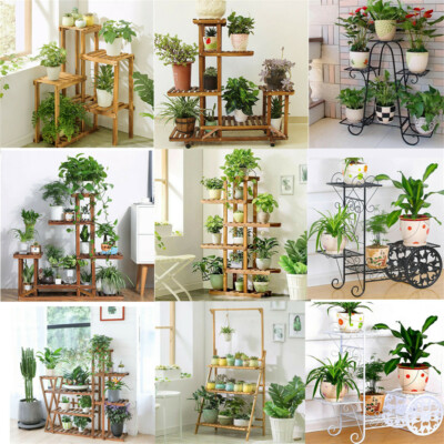 Garden Multi Tier Pine Wood Metal Bamboo Plant Stand Flower Pot