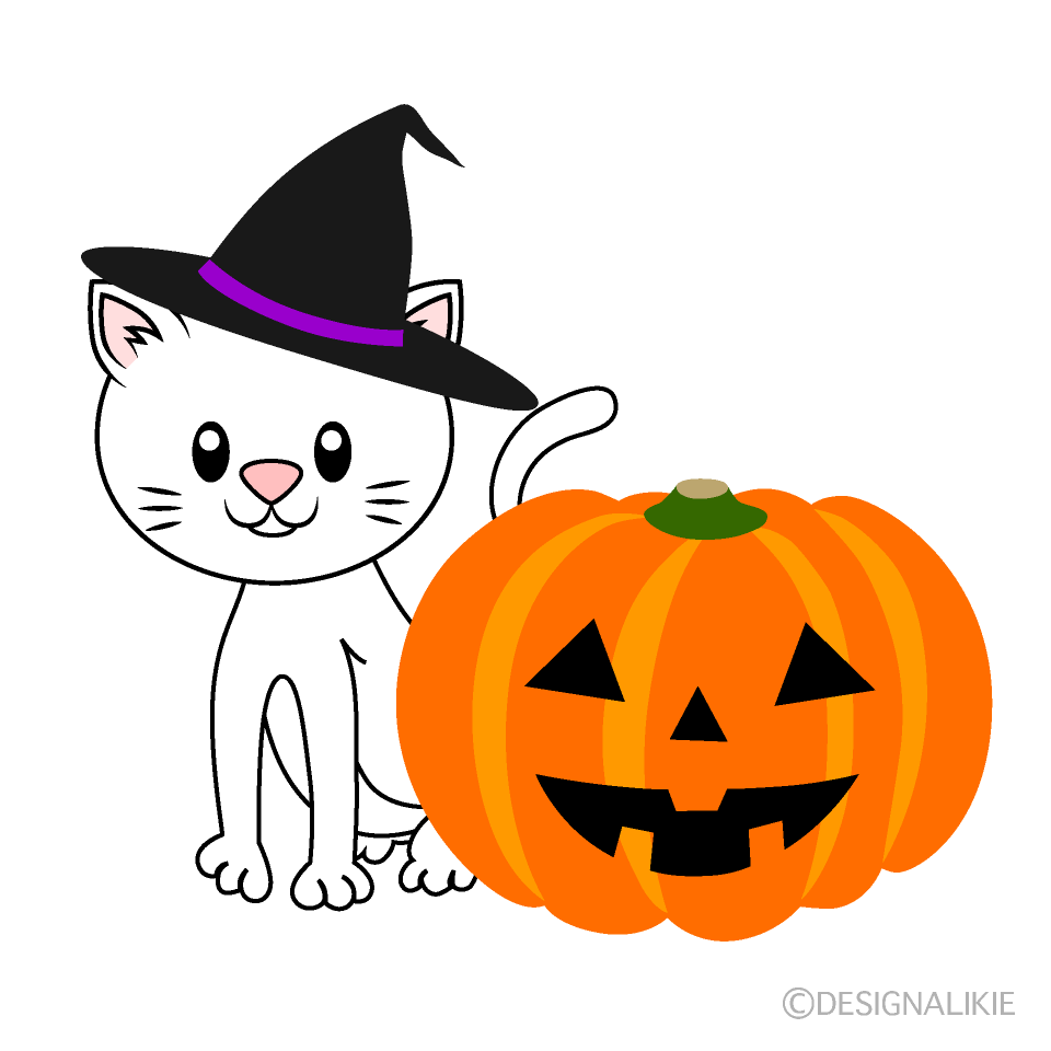 白猫とハロウィンカボチャイラストのフリー素材｜イラストイメージ