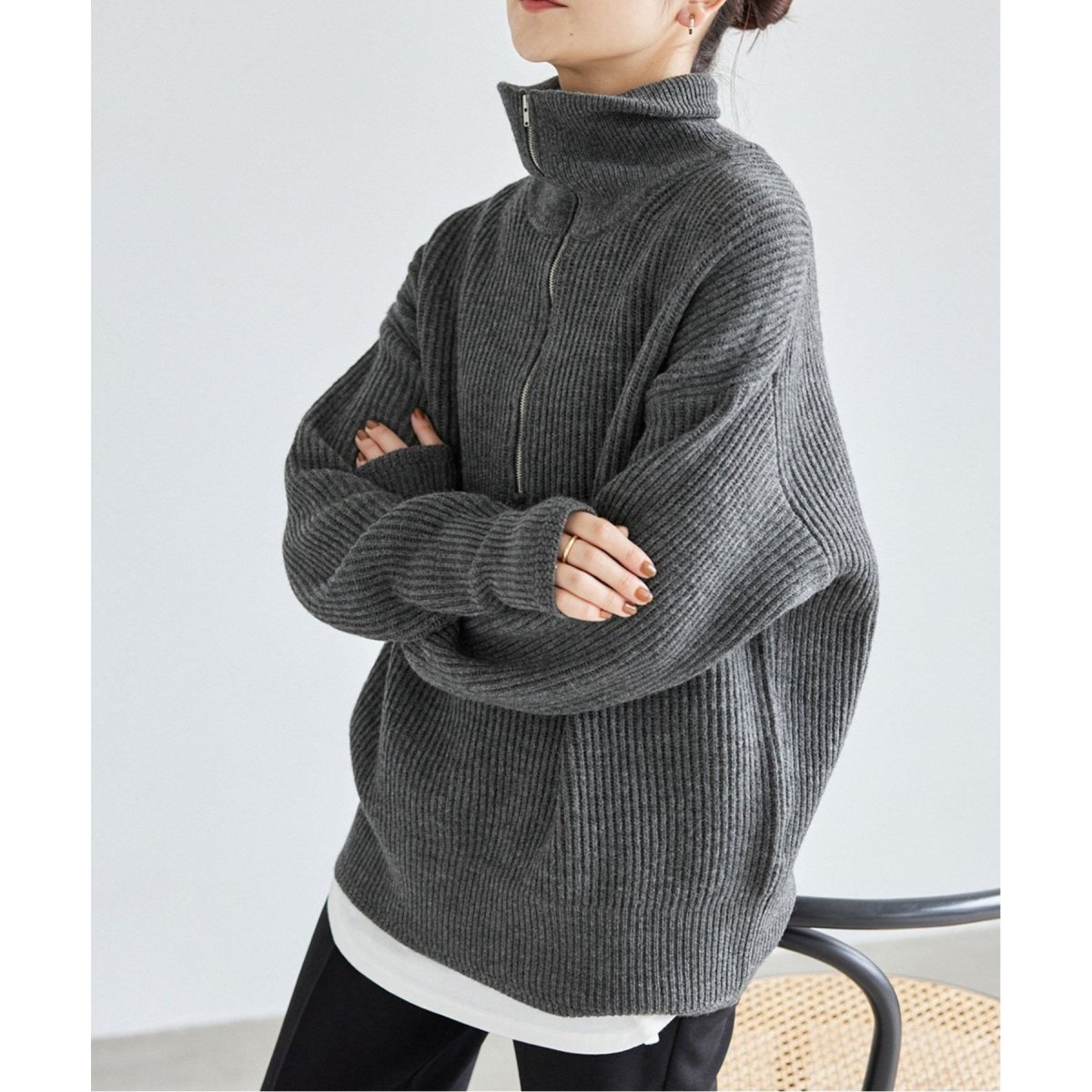 追加2》French wool畦ハーフジップニットプルオーバー | スローブ