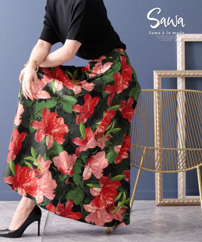 スカート】 花柄スカート フレアスカート フレア 花柄 レッド 赤