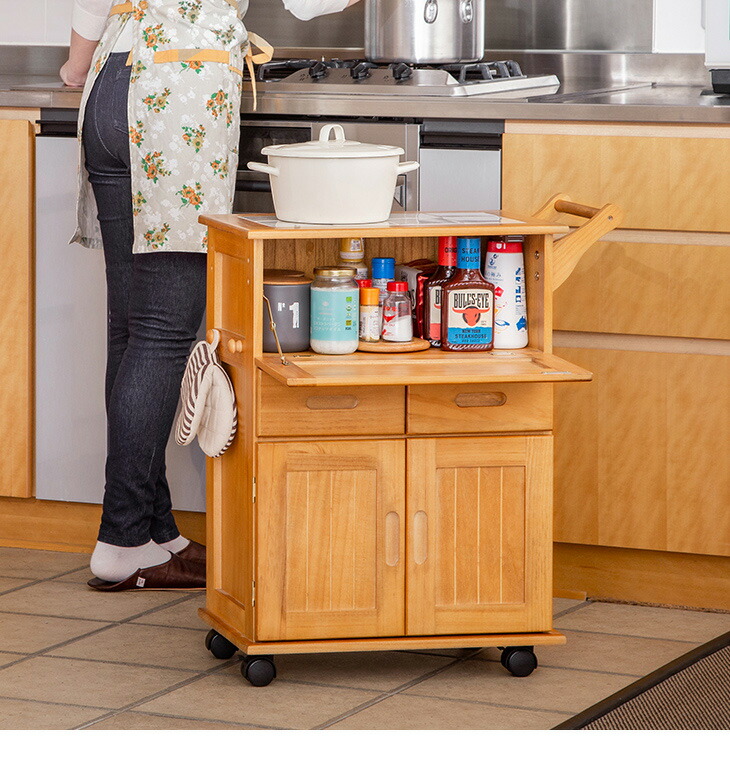 楽天市場】天然木 フラップ扉 キッチンワゴン キッチンラック