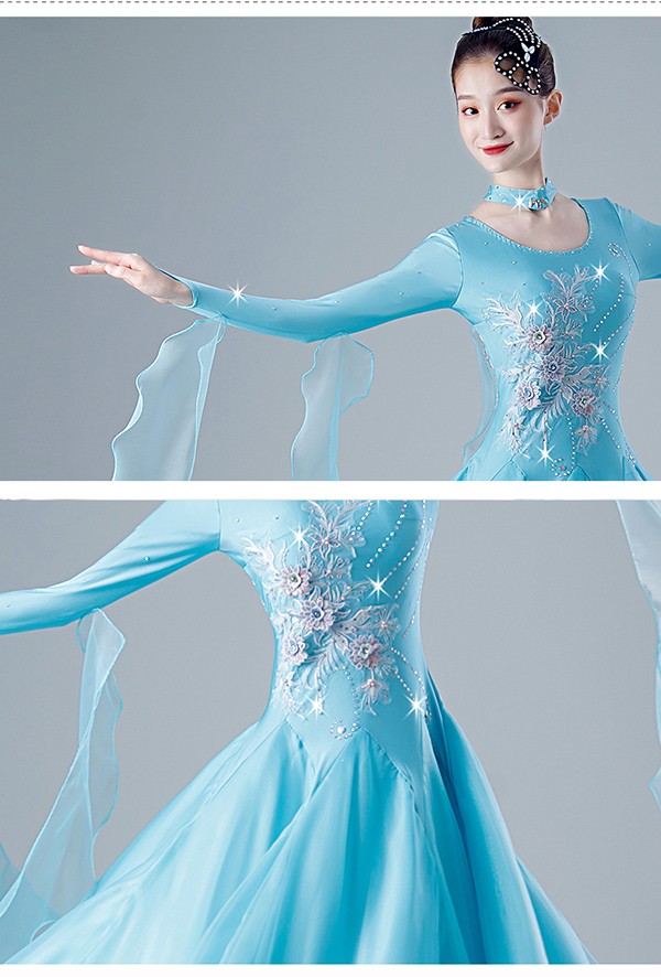 美品 社交ダンス衣装】ワンピース ドレス 水色 ライトブルー