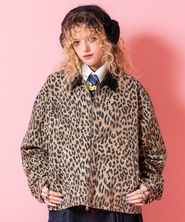 ブラック襟切替レオパードコットン短丈ワークジャケット / ユニ