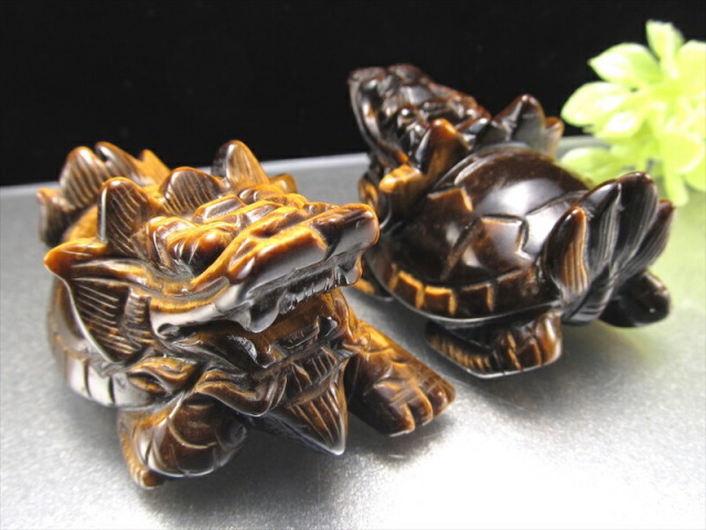 タイガーアイ ロングイ 龍亀 幅約60mm 財運を高める瑞獣 インテリアに