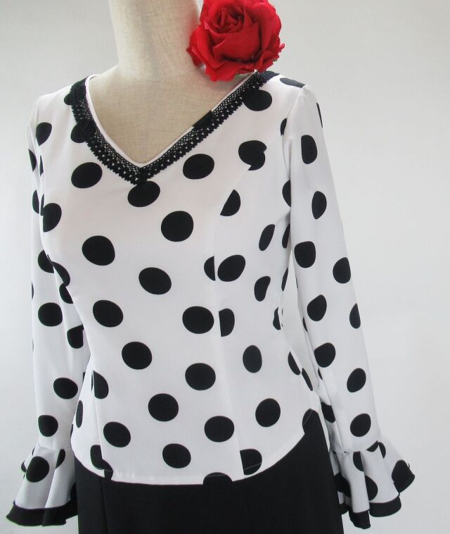 フラメンコ衣装 白黒水玉ツーピース G2301