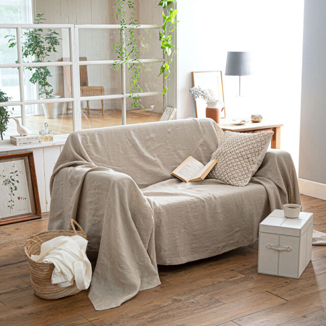 バー 2人用：210×210cm リネン 生成 麻100％ ソファカバー等多用途に