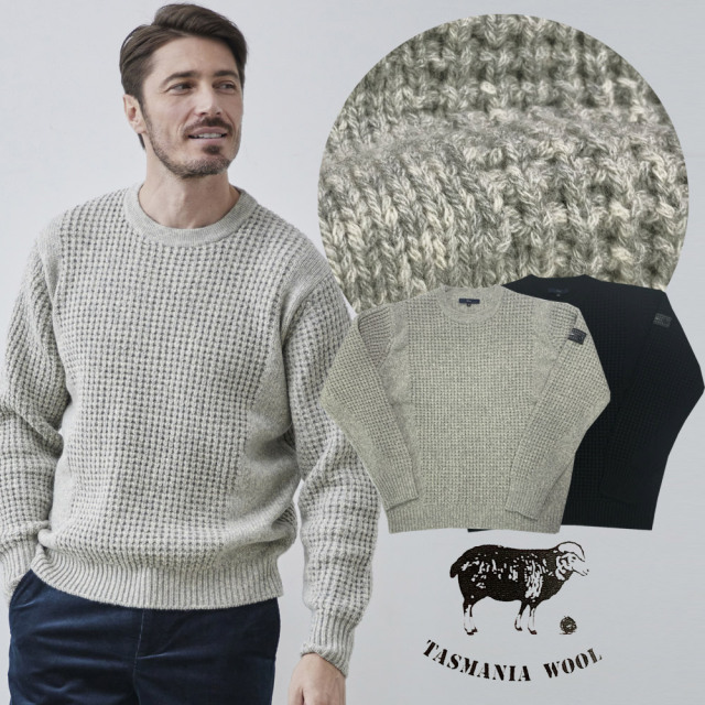会員様限定SALE2/28迄]在庫限りタスマニアウール ワッフル柄 クルー