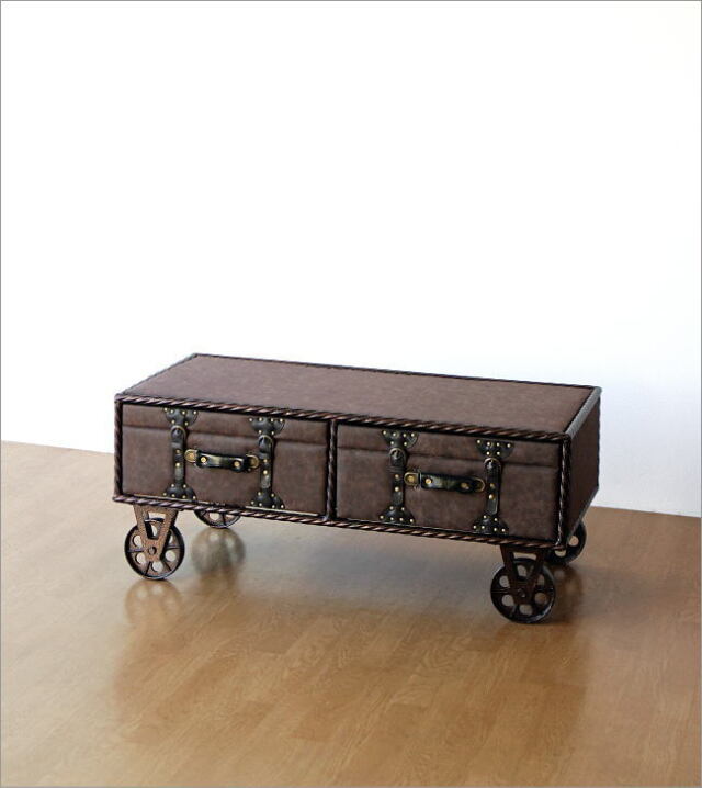 センターテーブル アンティーク アイアン おしゃれ 車輪 収納 引き出し