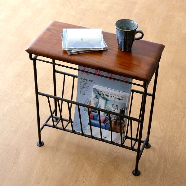 マガジンラック テーブル付き 木製 アイアン 天然木 おしゃれ スリム