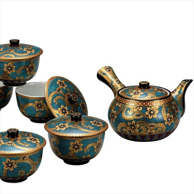 九谷焼ギフト ご贈答品 御祝い 九谷焼蓋付茶器 青粒金唐草【九谷焼販売